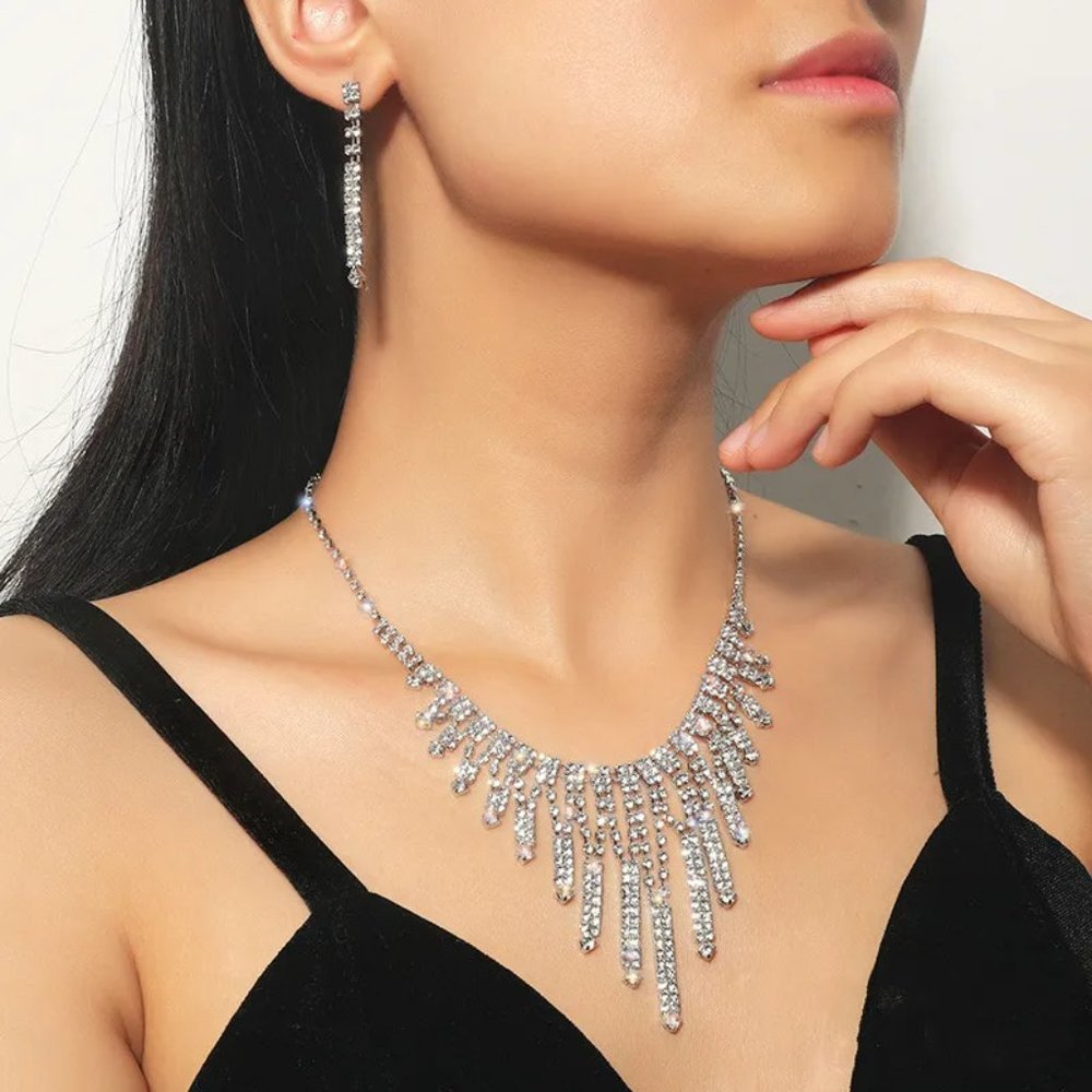 Geometric White Rhinestone Necklace & Earrings Set